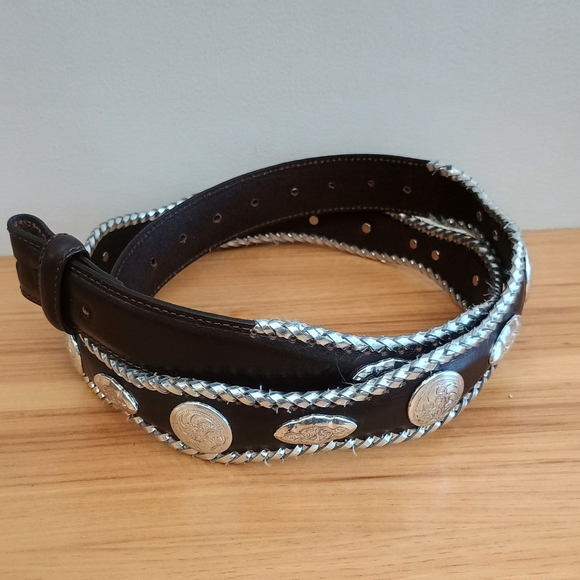 Western Other - Western Brown Leather Scalloped Belt W/ Silver Conchos Braided Edge Mens 46
